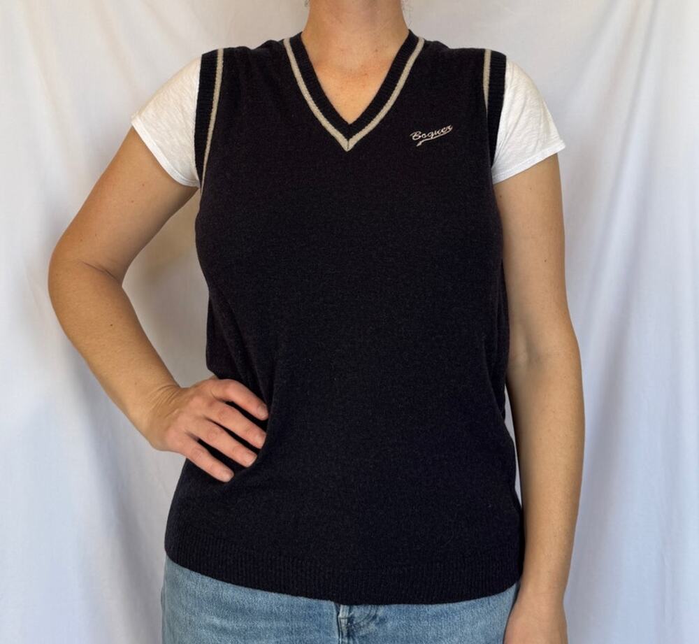 Women's Bogner Logo Navy Blue Wool Golf Sweater Vest Sleeveless Jumper, 44 XL